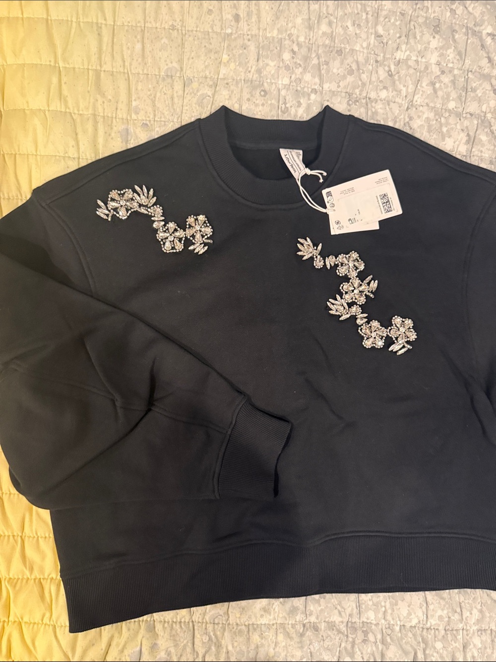 & Other Stories Black Crewneck Sweater with Crystal Floral Embellishments